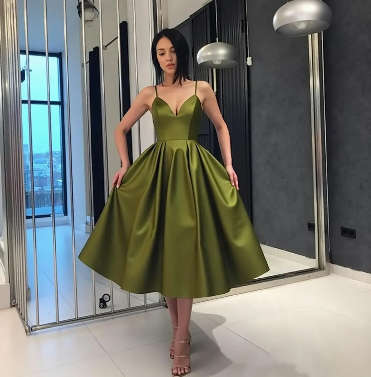 Elegant A-Line Sweetheart Spaghetti Strap Closed Back Tea Length Wedding Guest Dress