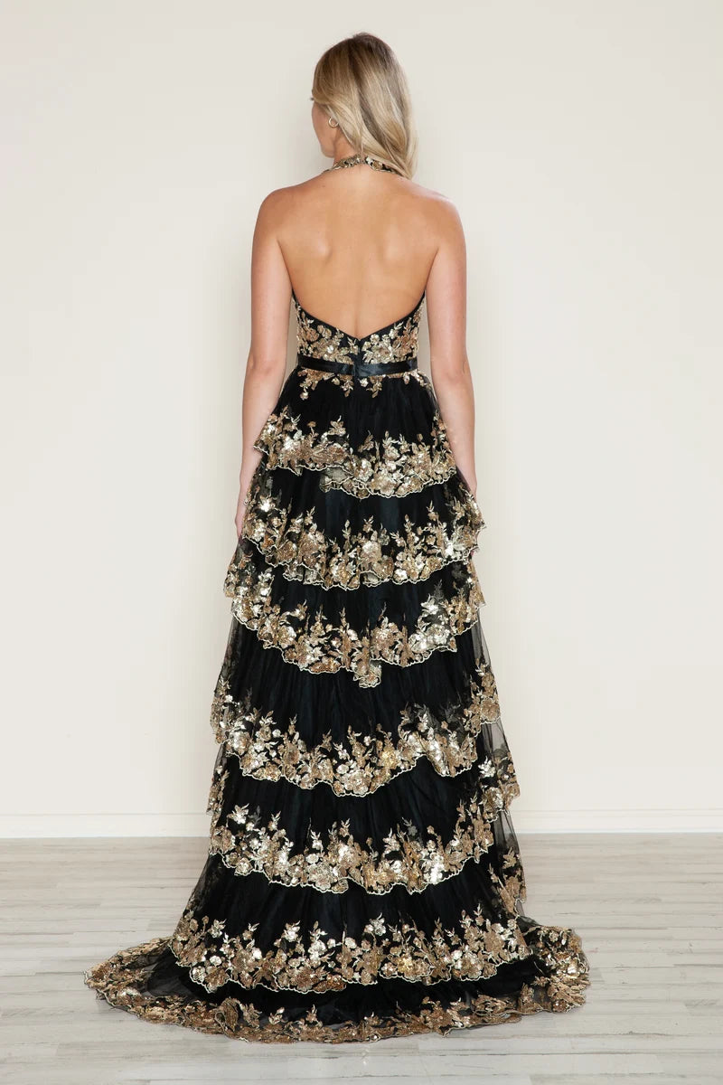 Glamorous A-Line Plunging Halter Open-Back Floor-Length Sequin Prom Dress