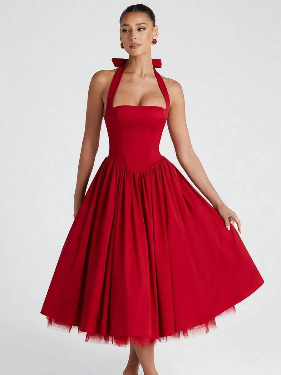 Retro A-Line Square-Neck Halter Open-Back Tea-Length Homecoming Dress