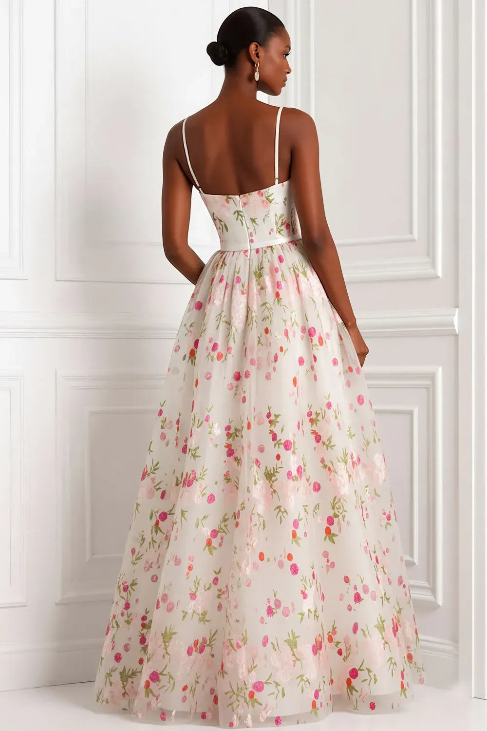 Romantic Floral A-Line Square Neck Spaghetti Straps Zip Back Maxi Prom Dress