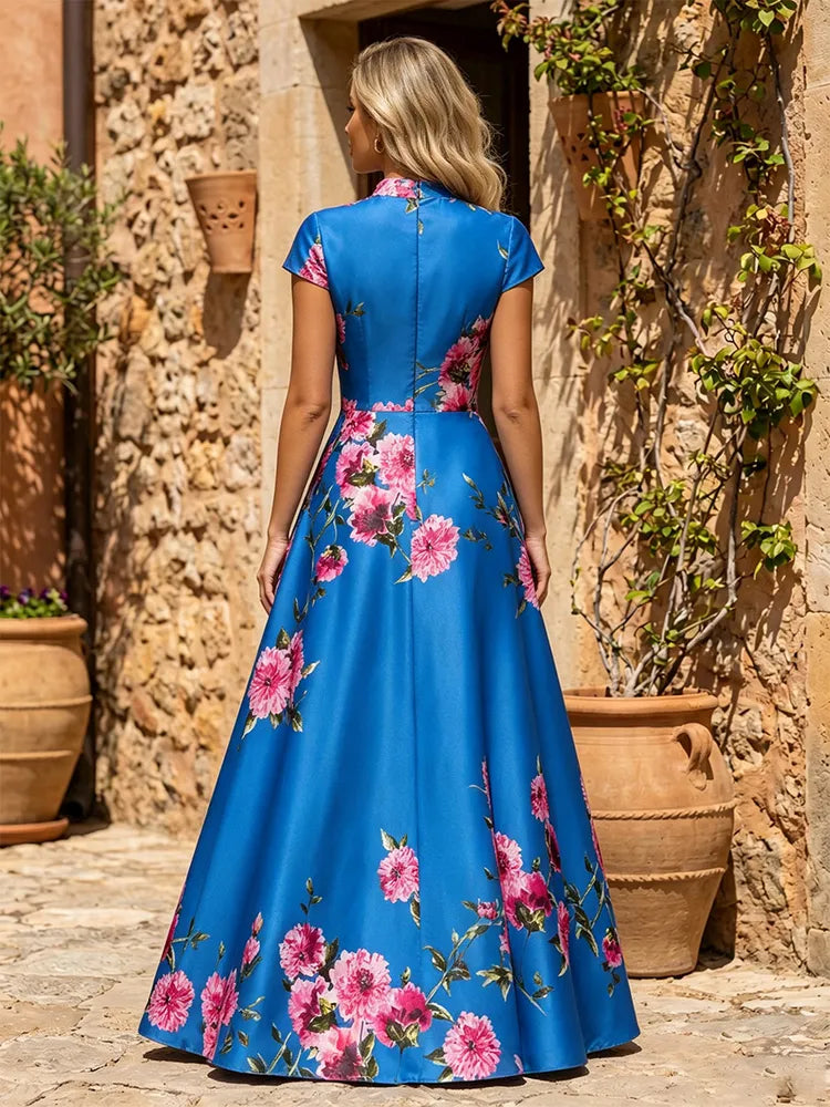 Elegant A-Line Mandarin-Neck Cap-Sleeve Floral Floor-Length Mother of the Bride Dress