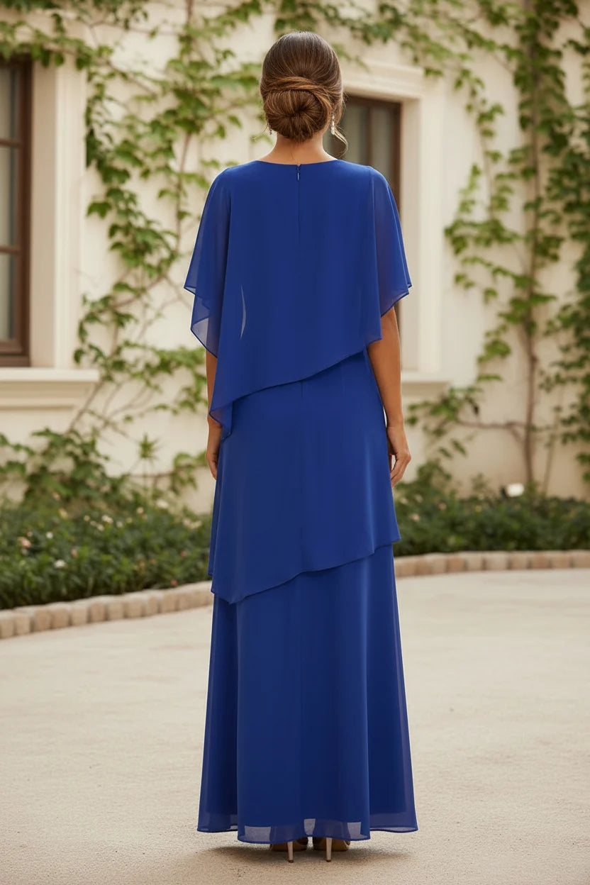Elegant Sheath Round Neck Cape Sleeve Chiffon Mother of the Bride Dress