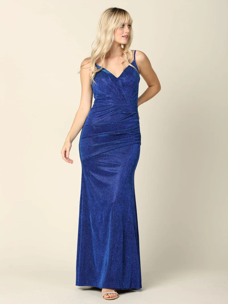 Glamorous Ruched Mermaid V-Neck Spaghetti-Strap Low-Back Floor-Length Prom Dress