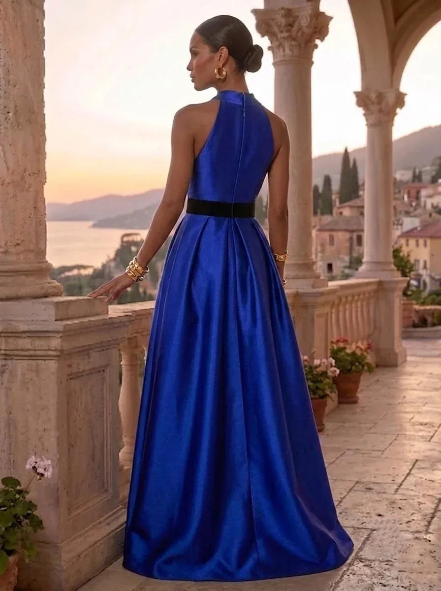Elegant A-Line High-Neck Sleeveless Zip-Back Floor-Length Blue Evening Dress