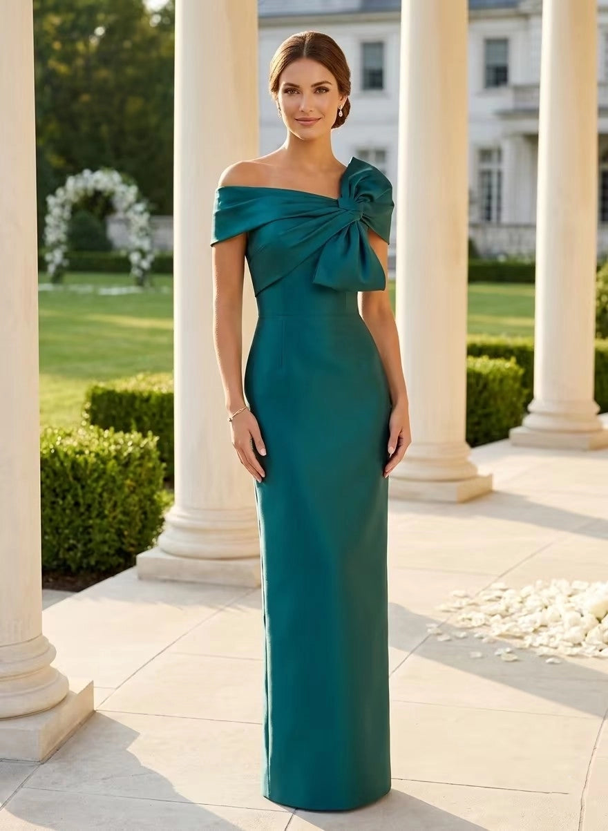 Elegant Sheath Asymmetrical Off Shoulder Short Sleeve Button Back Slit Floor Length Mother of the Bride Dress