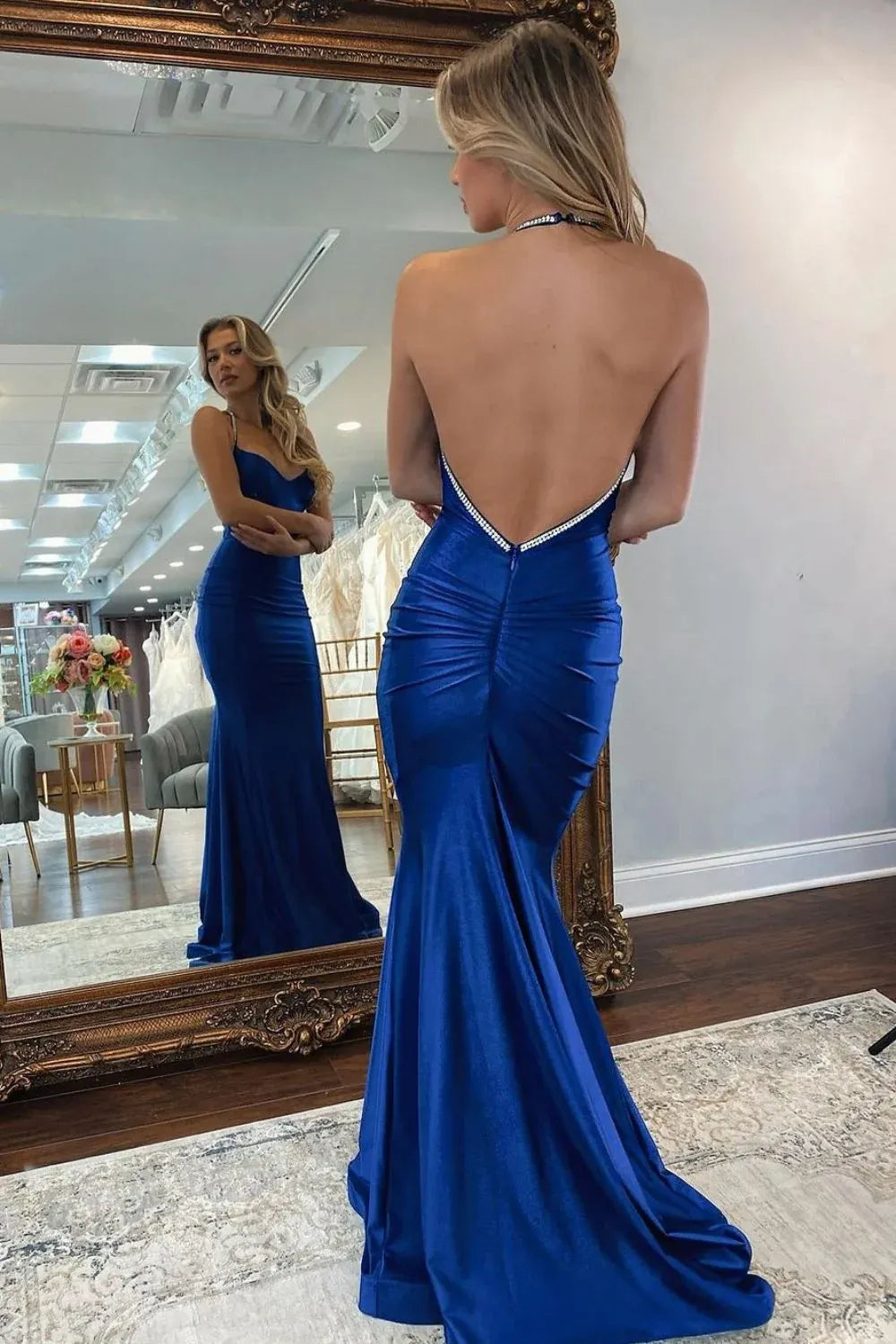 Elegant Satin Mermaid V-Neck Sleeveless Open Back Floor Length Halter Prom Dress