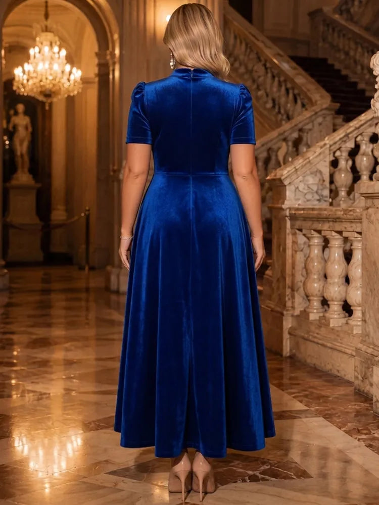 Elegant A-Line Stand-Collar Short-Sleeve Velvet Tea-Length Evening Dress