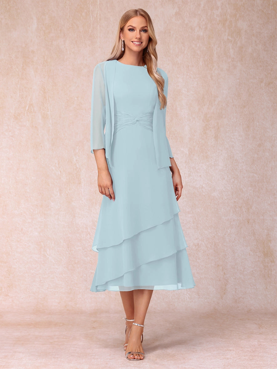 Elegant Royal Blue A-Line Round-Neck Three-Quarter-Sleeve Zip-Back Midi Mother of the Bride Dress