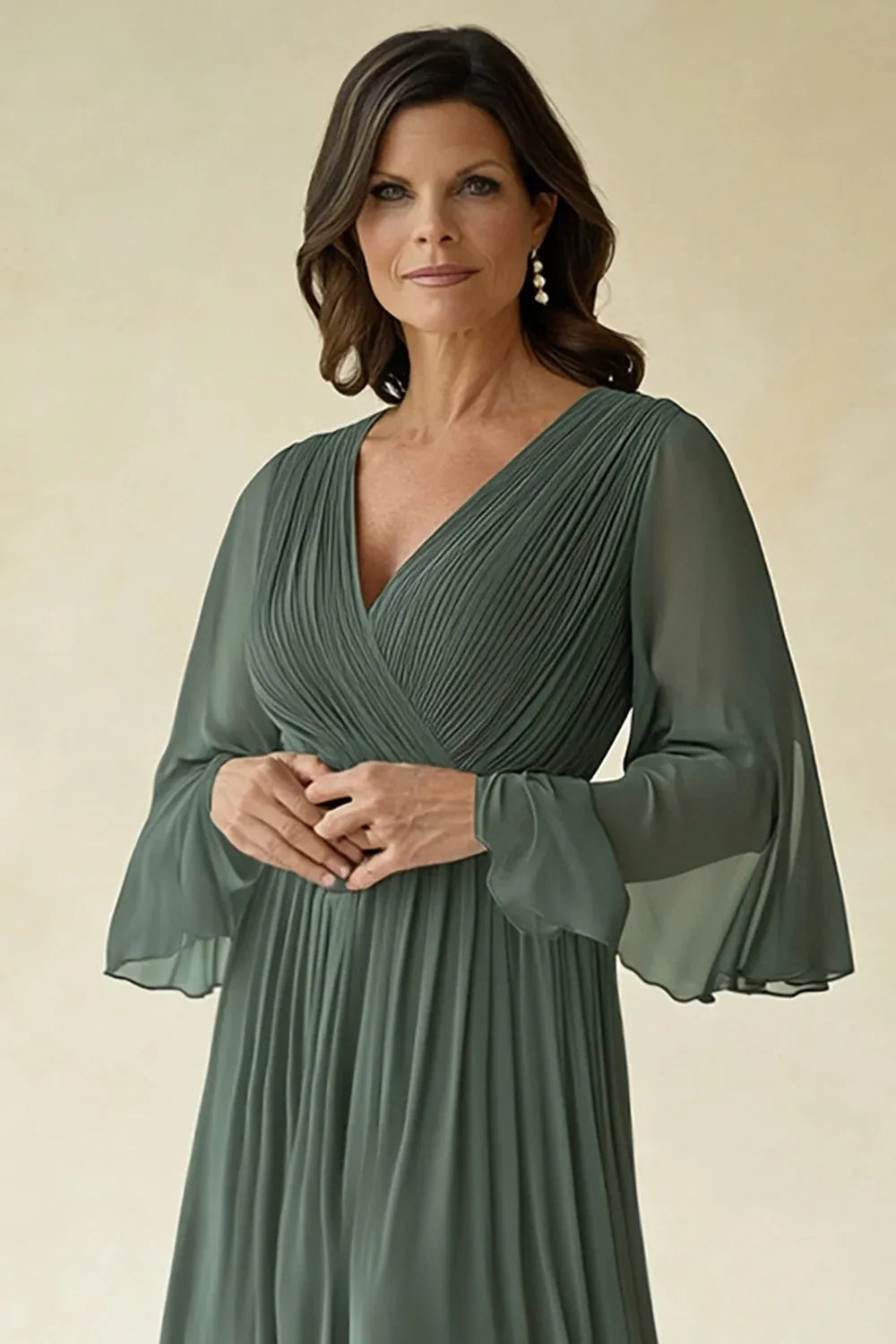 Graceful Chiffon A-Line V-Neck Flutter-Sleeve V-Back Floor-Length Mother of the Bride Dress