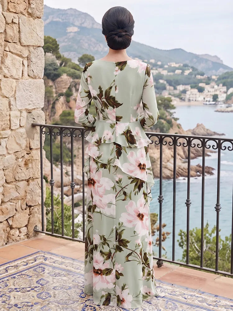 Elegant A-Line Round-Neck Three-Quarter-Sleeve Floral Floor-Length Mother of the Bride Dress