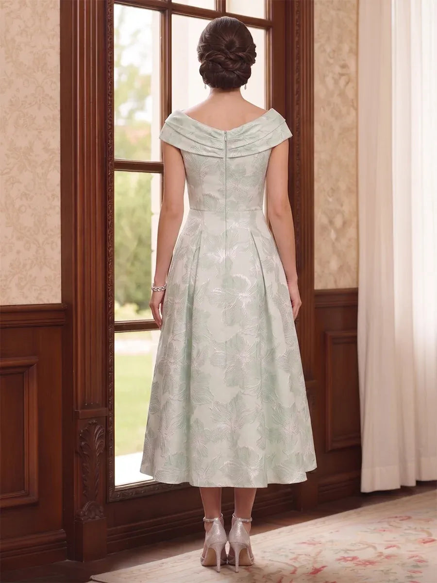 Elegant A-Line Off-Shoulder Cap-Sleeve Zipper-Back Floral Midi Mother of the Bride Dress