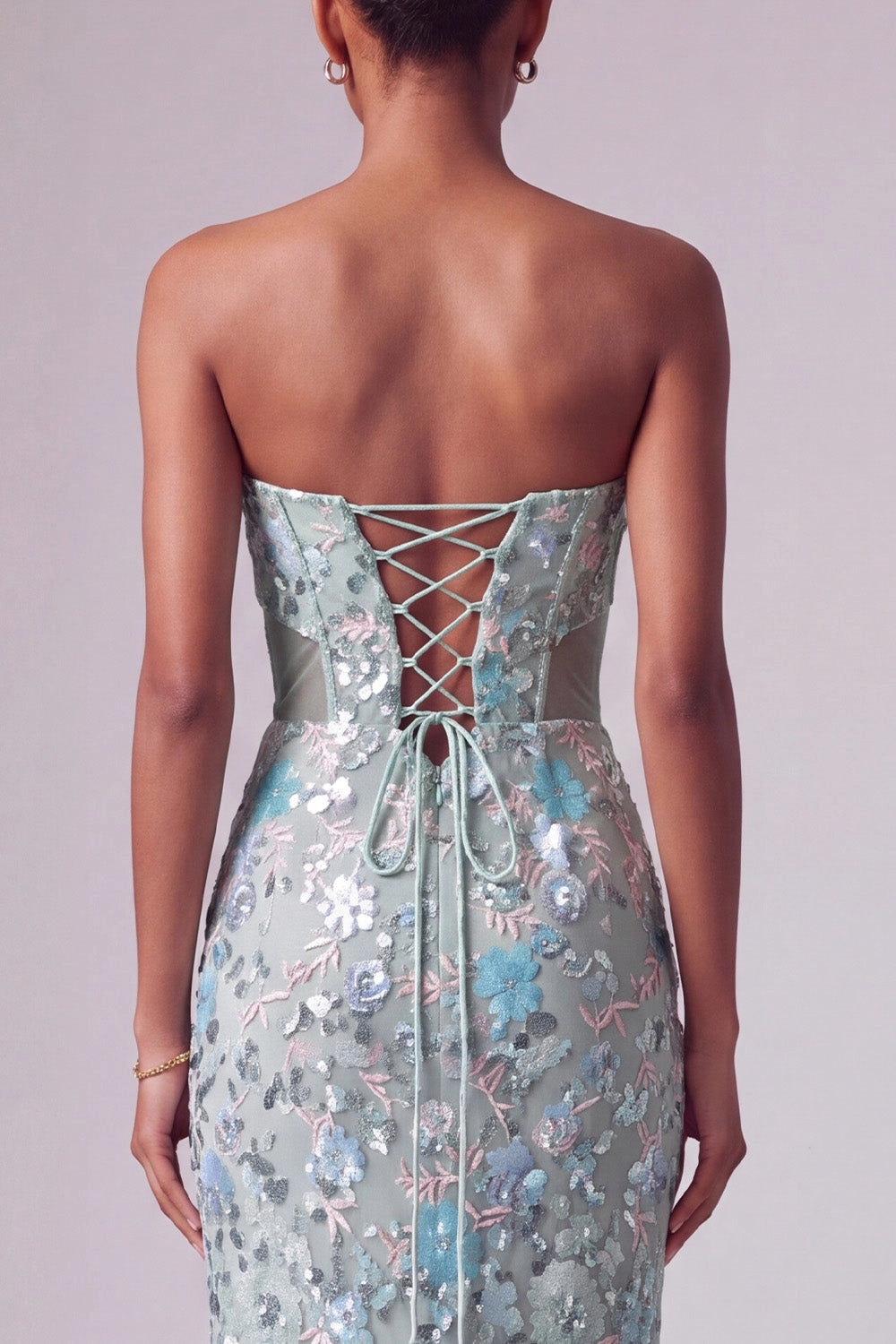 Romantic Mermaid Strapless Sweetheart Sleeveless Lace Up Back Floor Length Floral Sequin Bow Prom Dress