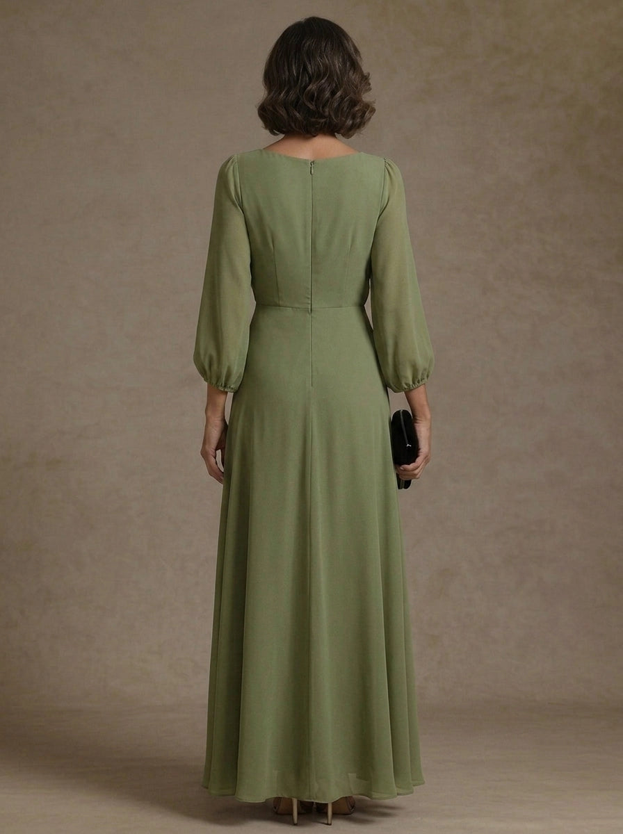 Elegant A-Line V-Neck 3/4 Sleeve Closed Back Floral Waist Floor Length Mother of the Bride Dress