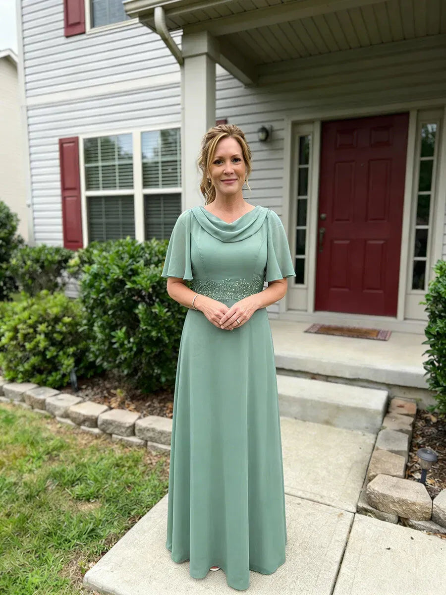 Elegant A-Line Draped Neck Flutter-Sleeve Closed-Back Floor-Length Mother of Bride Dress