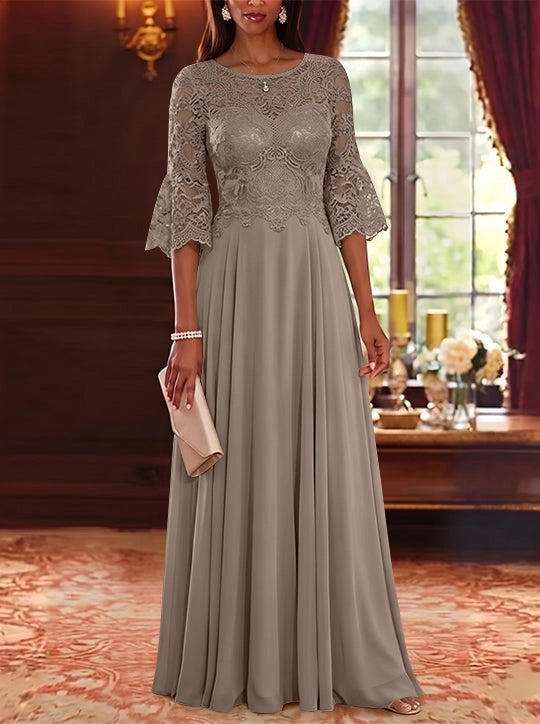 Elegant A-Line Illusion Round Neck Bell Sleeve Lace Back Floor Length Mother of the Bride Dress