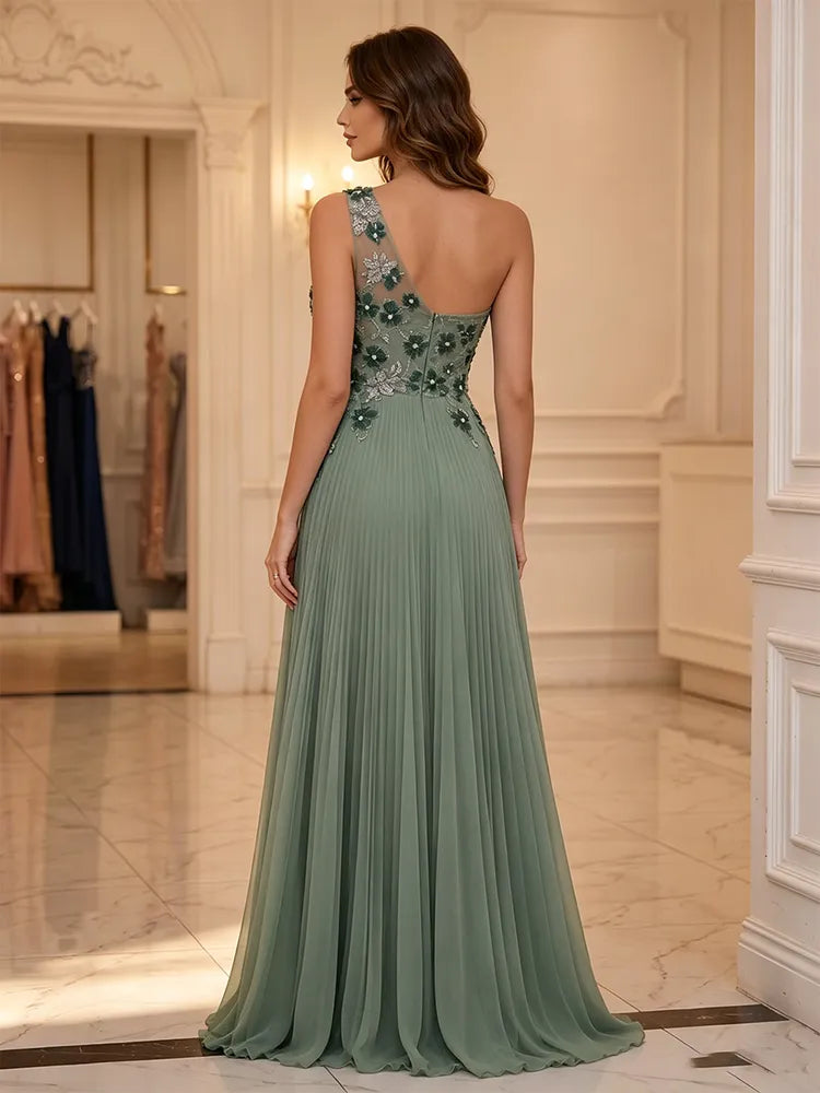 Elegant A-Line One-Shoulder Sleeveless Chiffon Appliqué Pleated Floor-Length Evening Dress