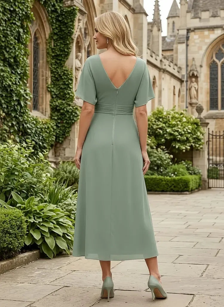 Elegant A-Line Round-Neck Flutter-Sleeve V-Back Midi Mother of Bride Dress