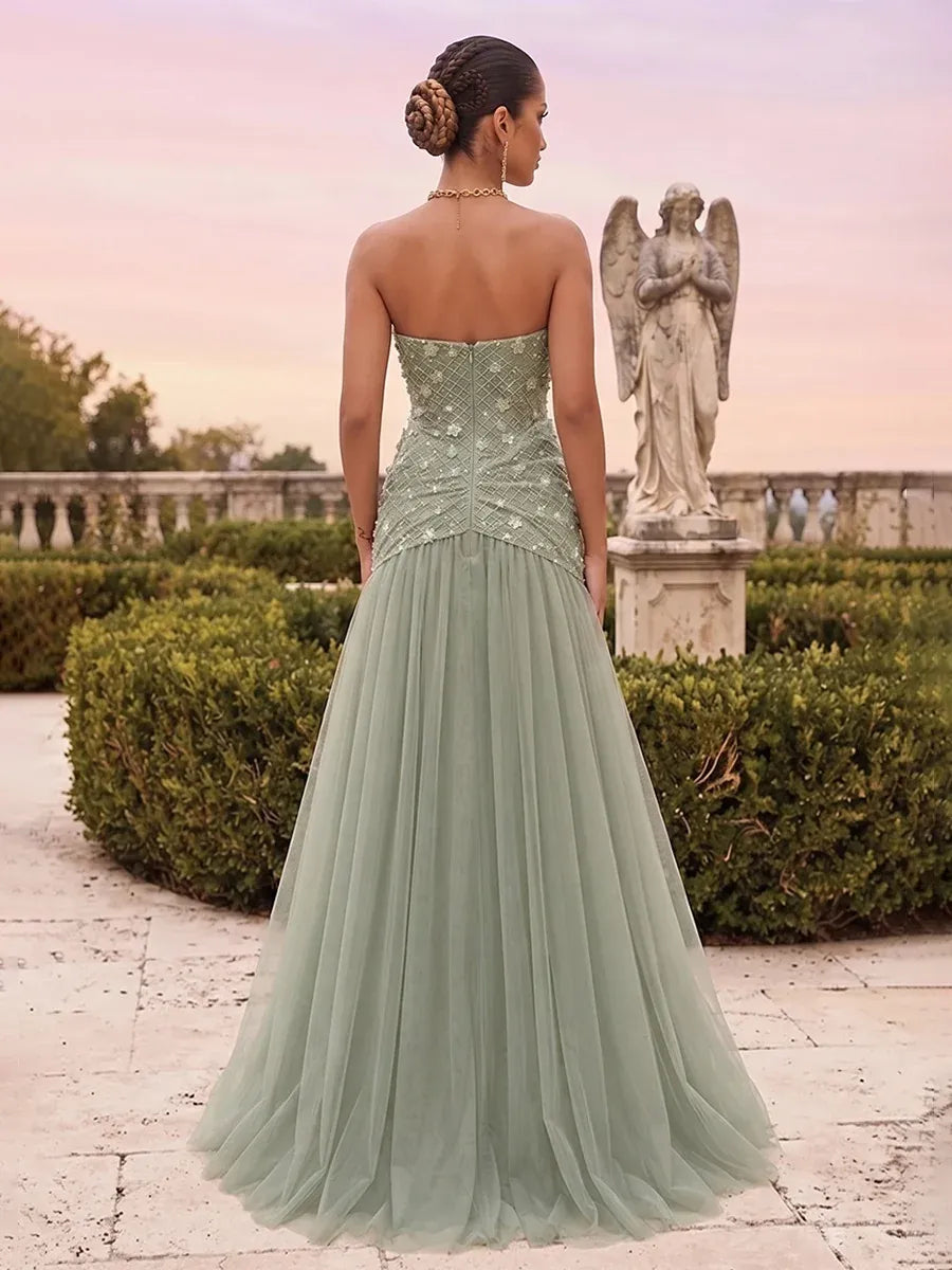 Glamorous Mermaid Sweetheart Strapless Zipper-Back Floor-Length Tulle Prom Dress