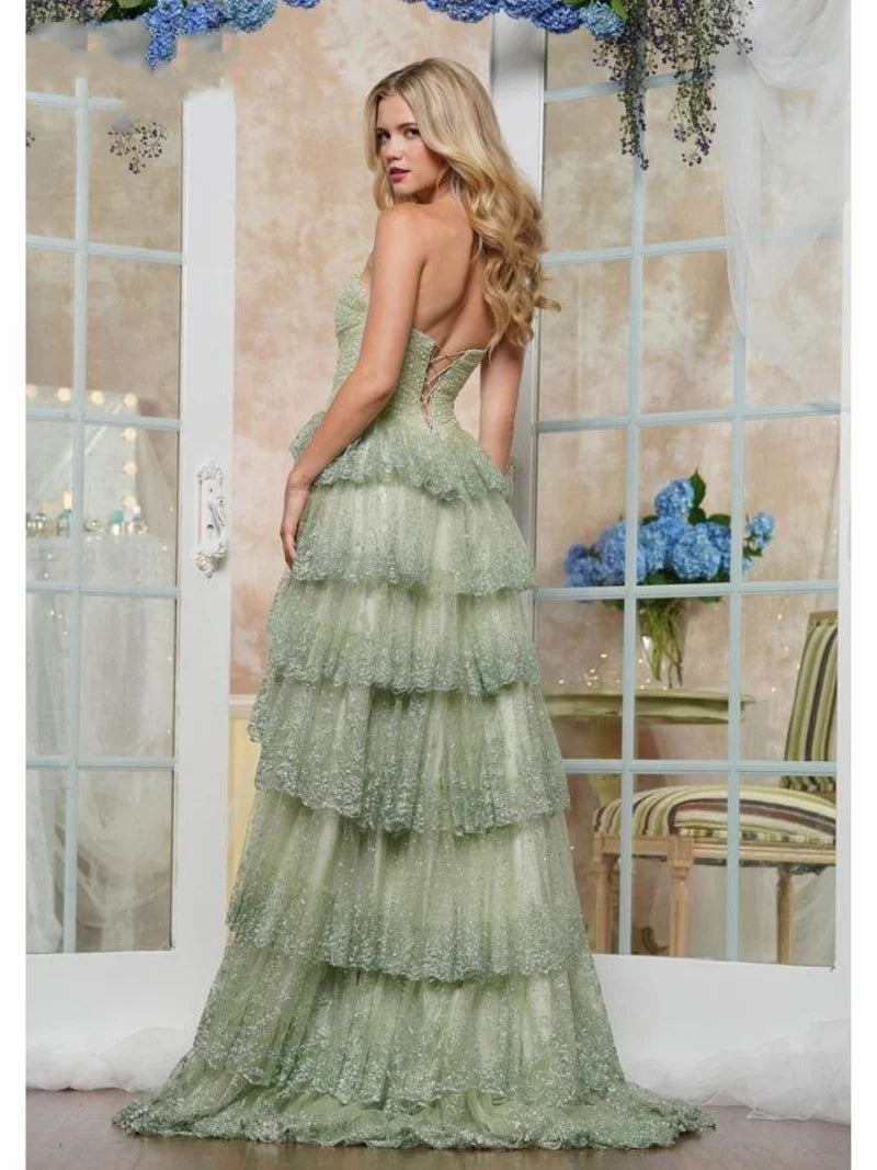 Romantic A-Line Strapless Cutout Lace-Up Tiered Floor-Length Prom Dress