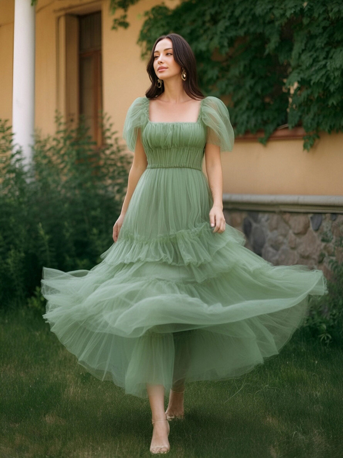 Romantic Tulle A-Line Square Neck Puff Sleeve Tiered Wedding Guest Dress