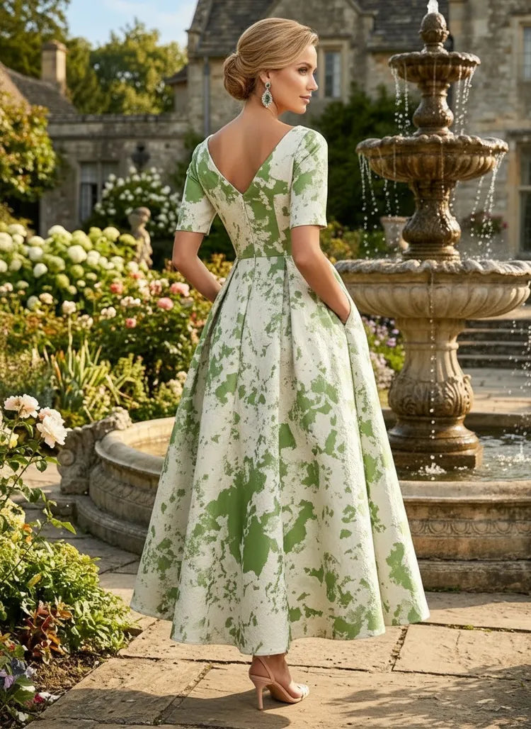 Elegant A-Line V-Neck Short-Sleeve Jacquard Tea-Length Mother of the Bride Dress