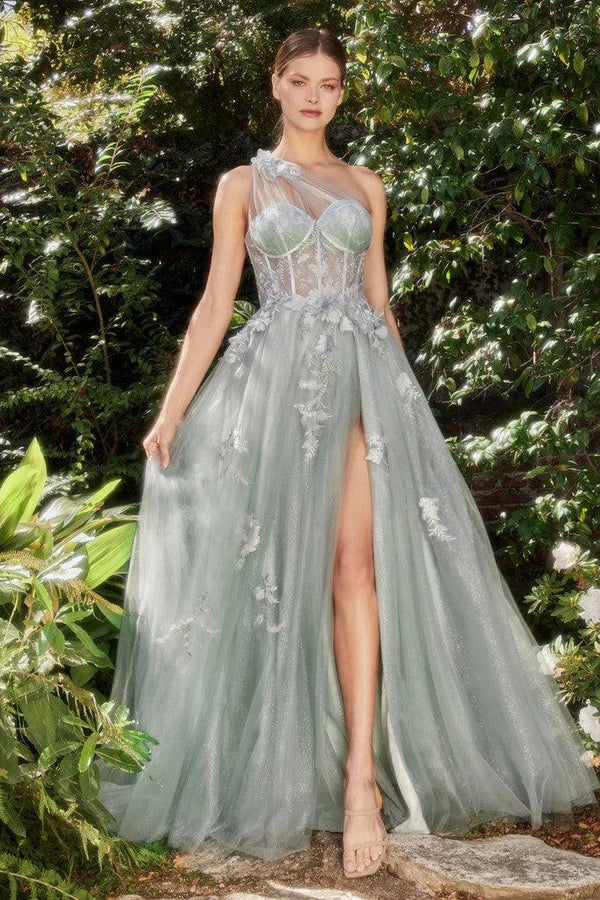 Romantic A-Line One Shoulder Sleeveless Sheer Back Floor-Length Prom Dress