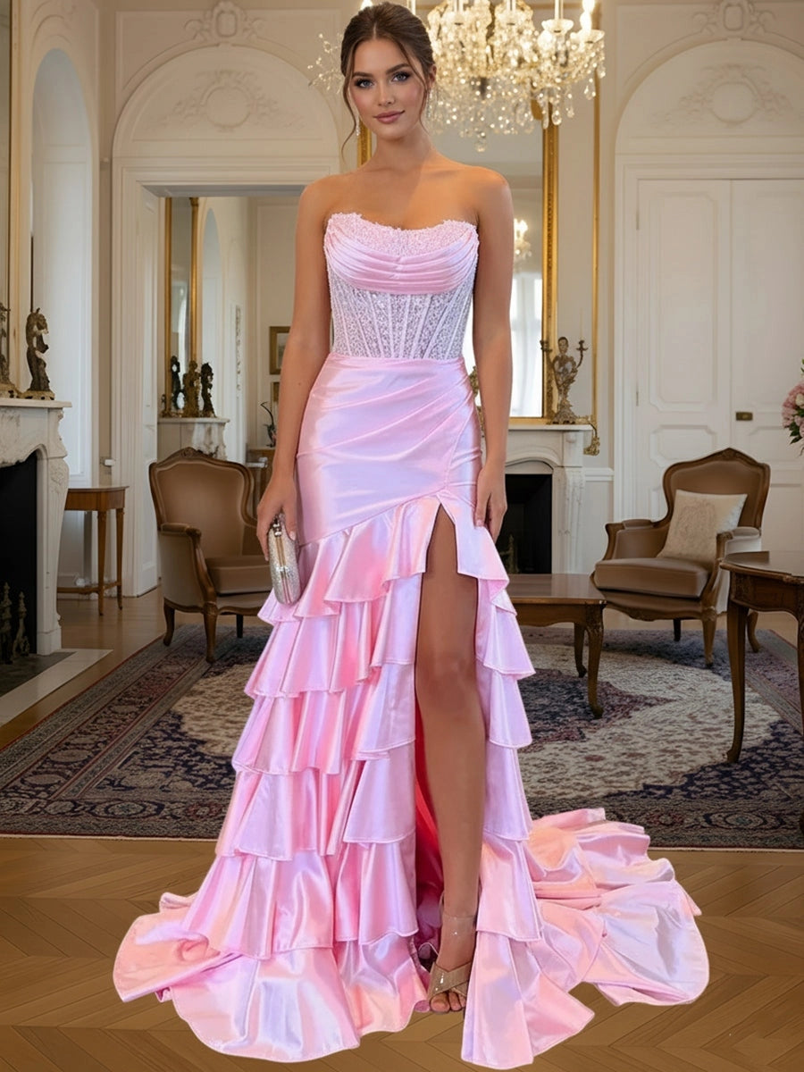 Glamorous Satin Mermaid Straight-Neck Strapless Zipper-Back Ruffled Slit Prom Dress