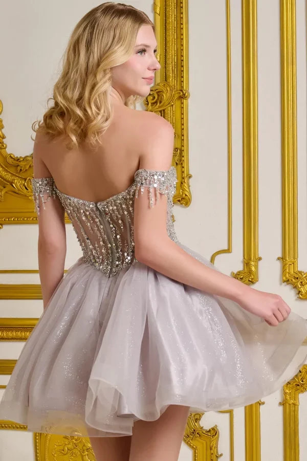 Glamorous A-Line Sweetheart Off-Shoulder Beaded-Back Tulle Mini Homecoming Dress