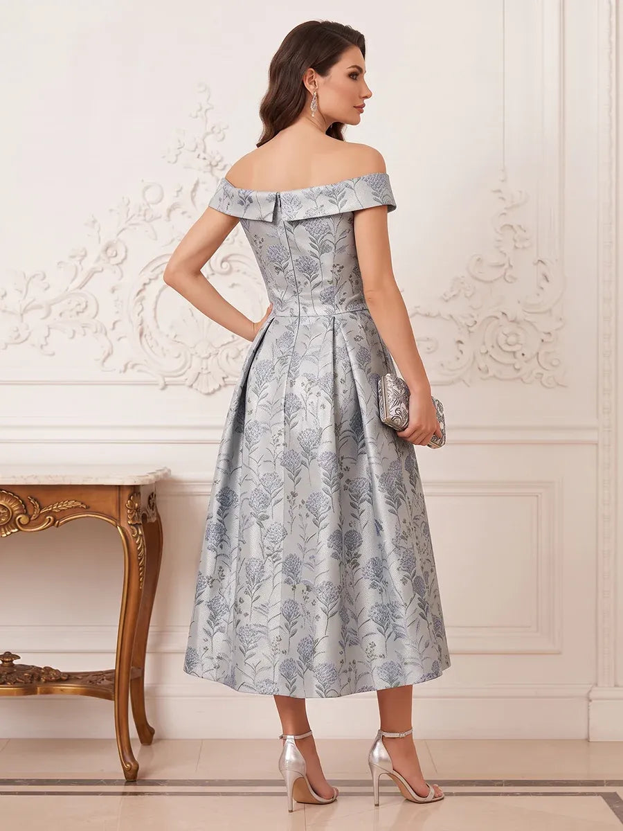 Elegant A-Line Off-Shoulder Cap-Sleeve Zipper-Back Floral Midi Mother of the Bride Dress