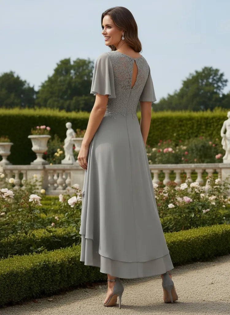 Elegant A-Line V-Neck Flutter-Sleeve Lace High-Low Mother of the Bride Dress