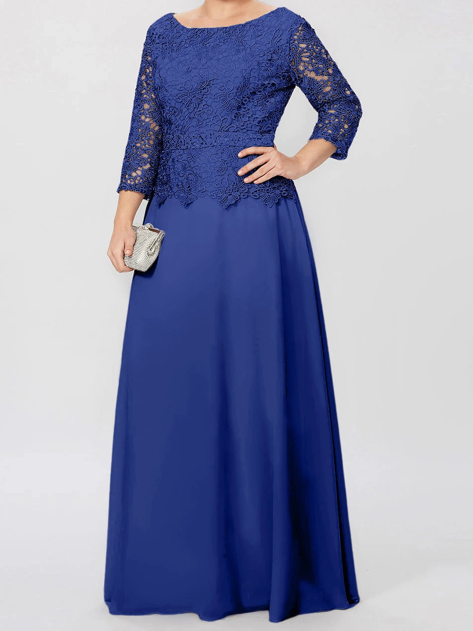 Elegant A-Line Scoop Neck Three Quarter Sleeve Zipper Back Floor Length Mother of the Bride Dress