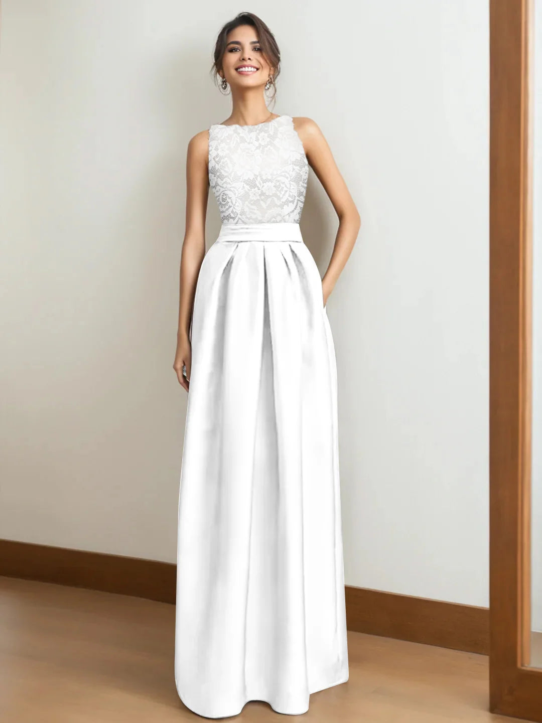 Elegant A Line Boat Neck Sleeveless Lace Satin Floor Length Evening Dress