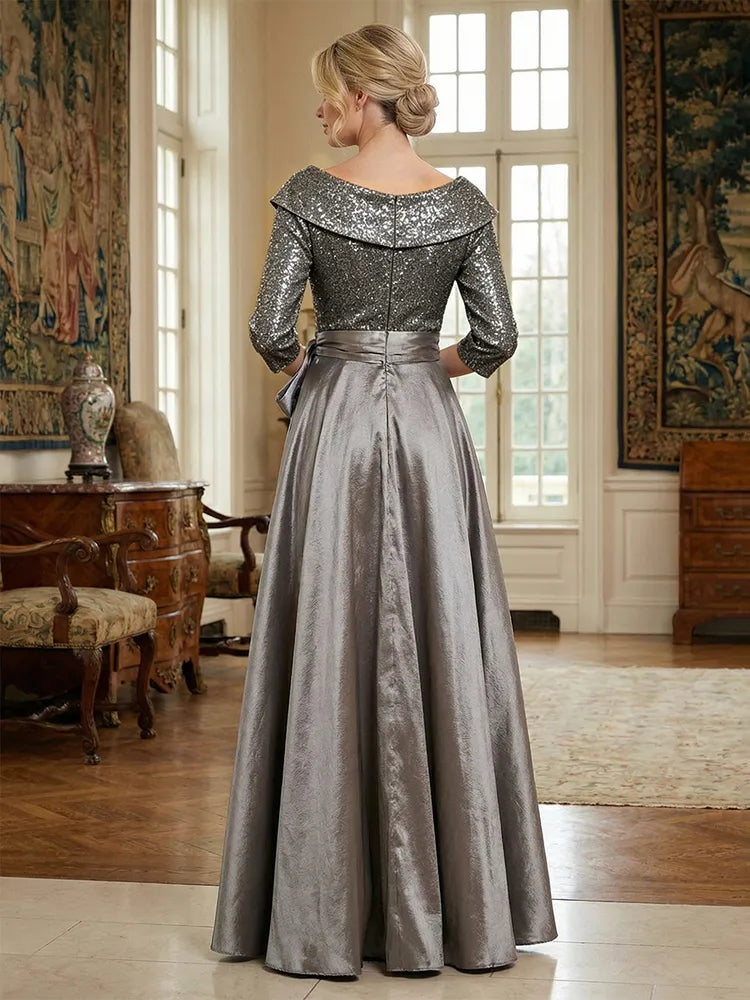 Elegant A-Line Off-Shoulder Three-Quarter-Sleeve Sequin Satin Floor-Length Mother of the Bride Dress