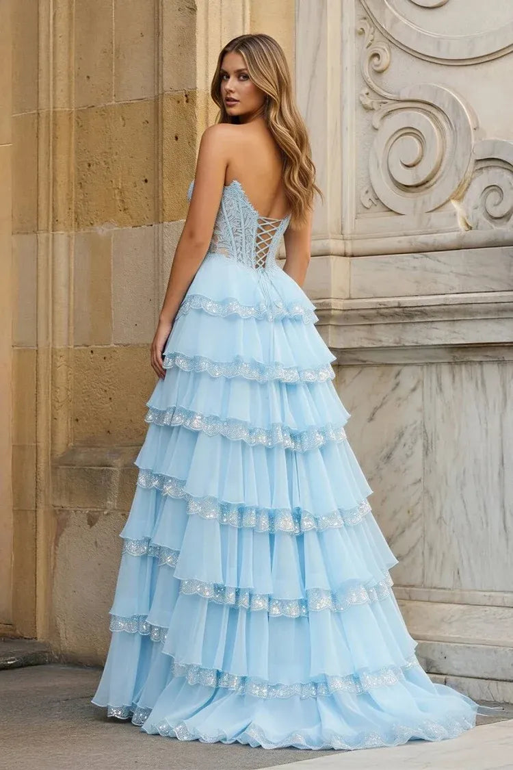 Loverlm Enchanting Sky Blue Tulle A-Line Sweetheart Strapless Lace-Up Ruffled Prom Dress
