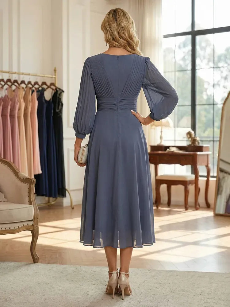 Elegant A-Line V-Neck Long-Sleeve Chiffon Tea-Length Mother of the Bride Dress