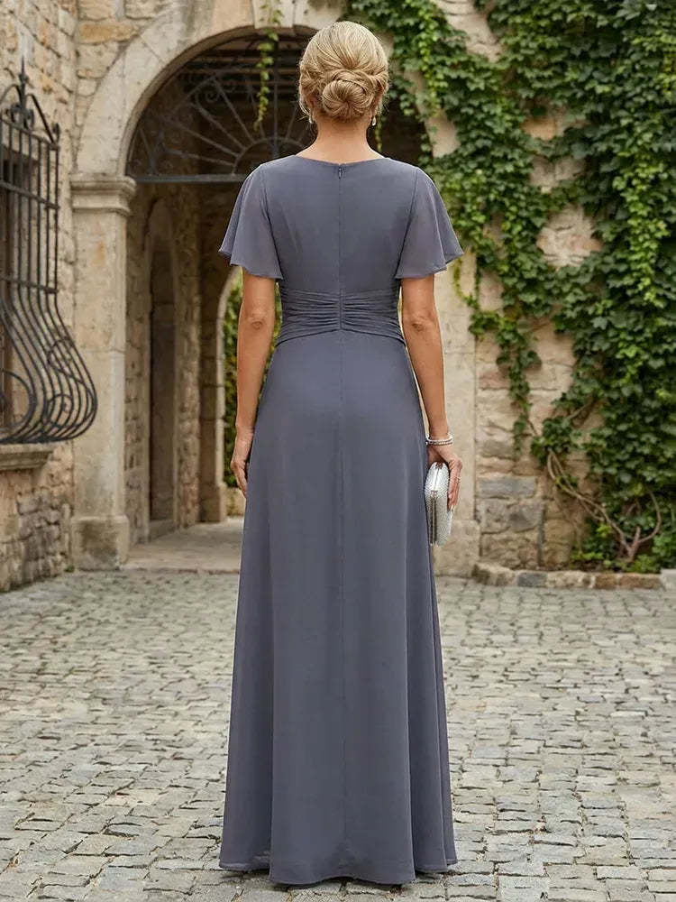 Elegant A-Line Jewel-Neck Flutter-Sleeve Closed-Back Floor-Length Mother of Bride Dress