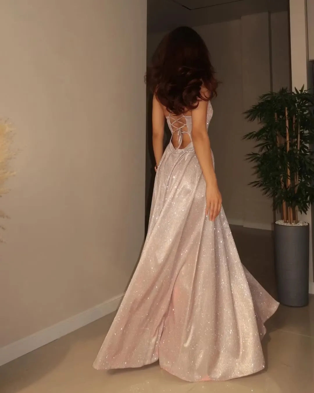 Sparkling A-Line Square-Neck Spaghetti-Strap Lace-Up Floor-Length Prom Dress