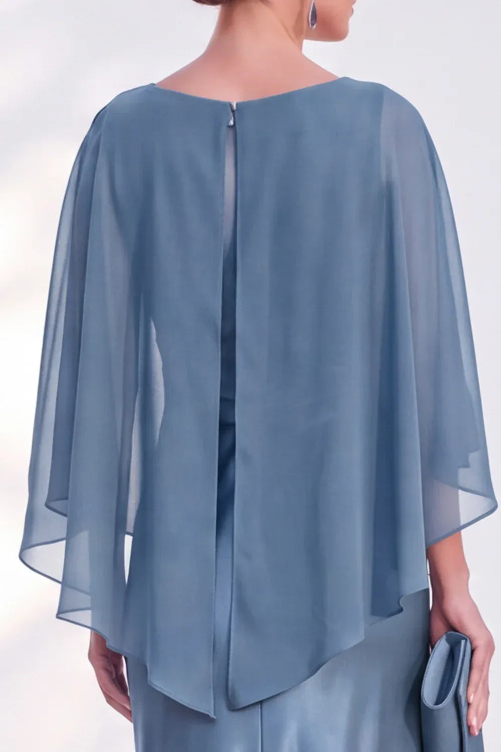 Elegant Satin Sheath Bateau Cape-Sleeve Keyhole-Back Floor-Length Mother of the Bride Dress