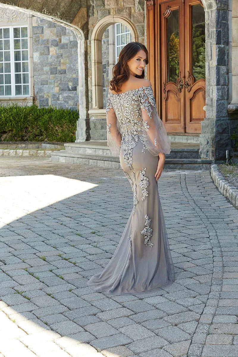 Elegant Mermaid Off-Shoulder Sheer-Sleeve High-Back Floor-Length Mother of the Bride Dress