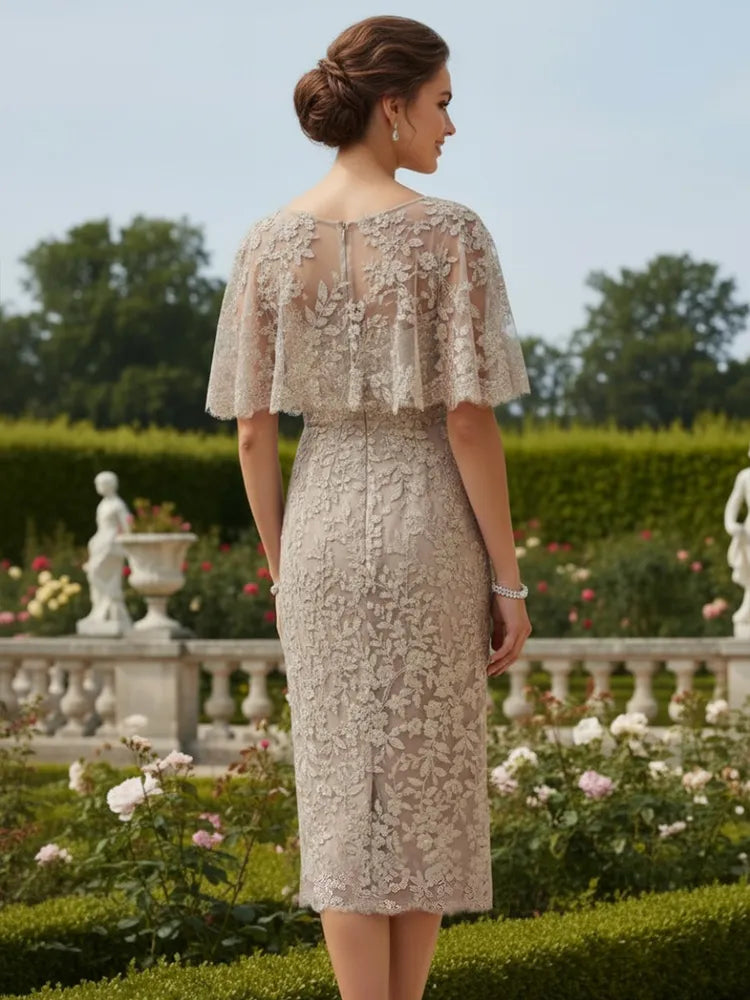 Elegant Sheath Illusion-Neck Cape-Sleeve Lace Midi Mother of the Bride Dress