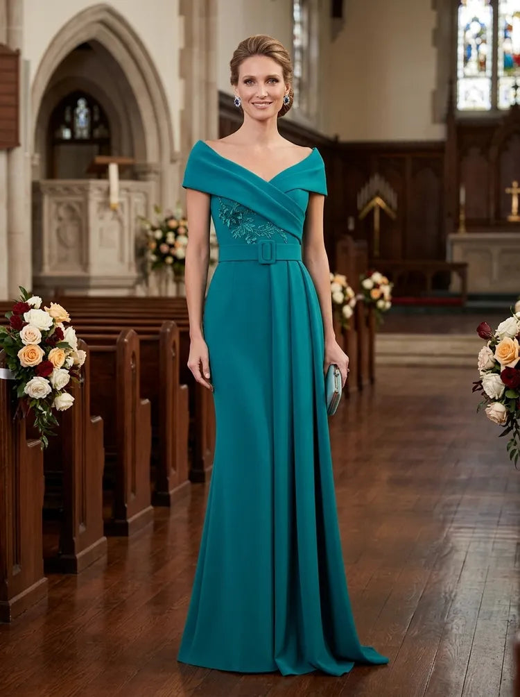 Elegant Sheath Off-Shoulder Short-Sleeve Embellished Floor-Length Mother of the Bride Dress