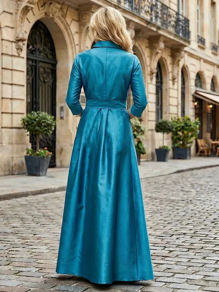 Elegant A-Line Collared Three-Quarter Sleeve Satin Floor-Length Mother of the Bride Dress