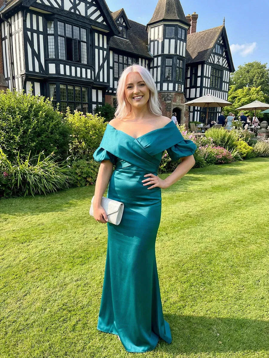 Elegant Mermaid Off-Shoulder Puff-Sleeve Satin Floor-Length Mother of the Bride Dress