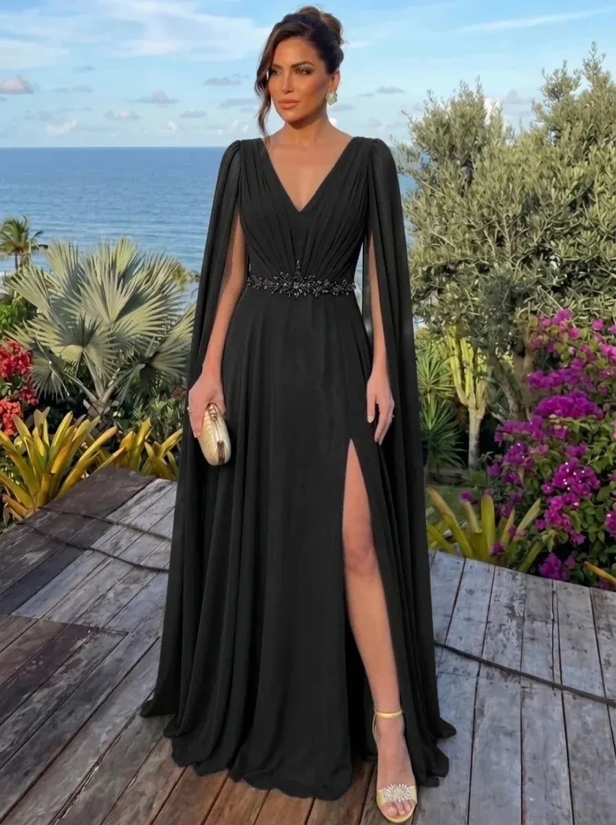 Elegant A-Line V-Neck Cape-Sleeve Beaded Waist Zipper-Back Floor-Length Evening Dress
