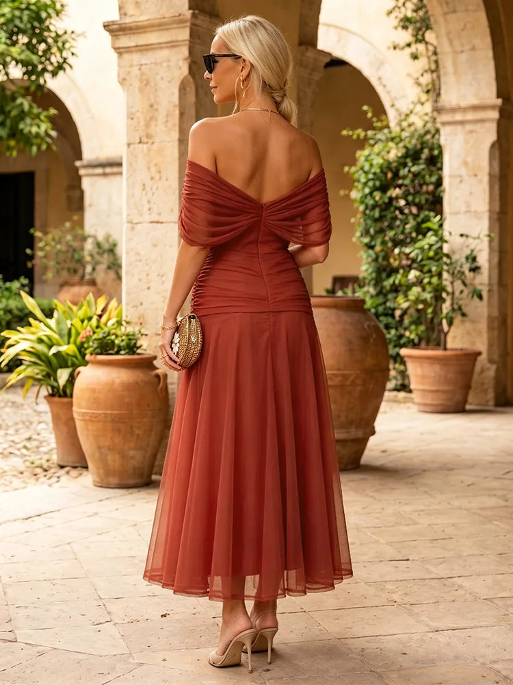Elegant A-Line Off-Shoulder Short-Sleeve Chiffon Midi Mother of the Bride Dress
