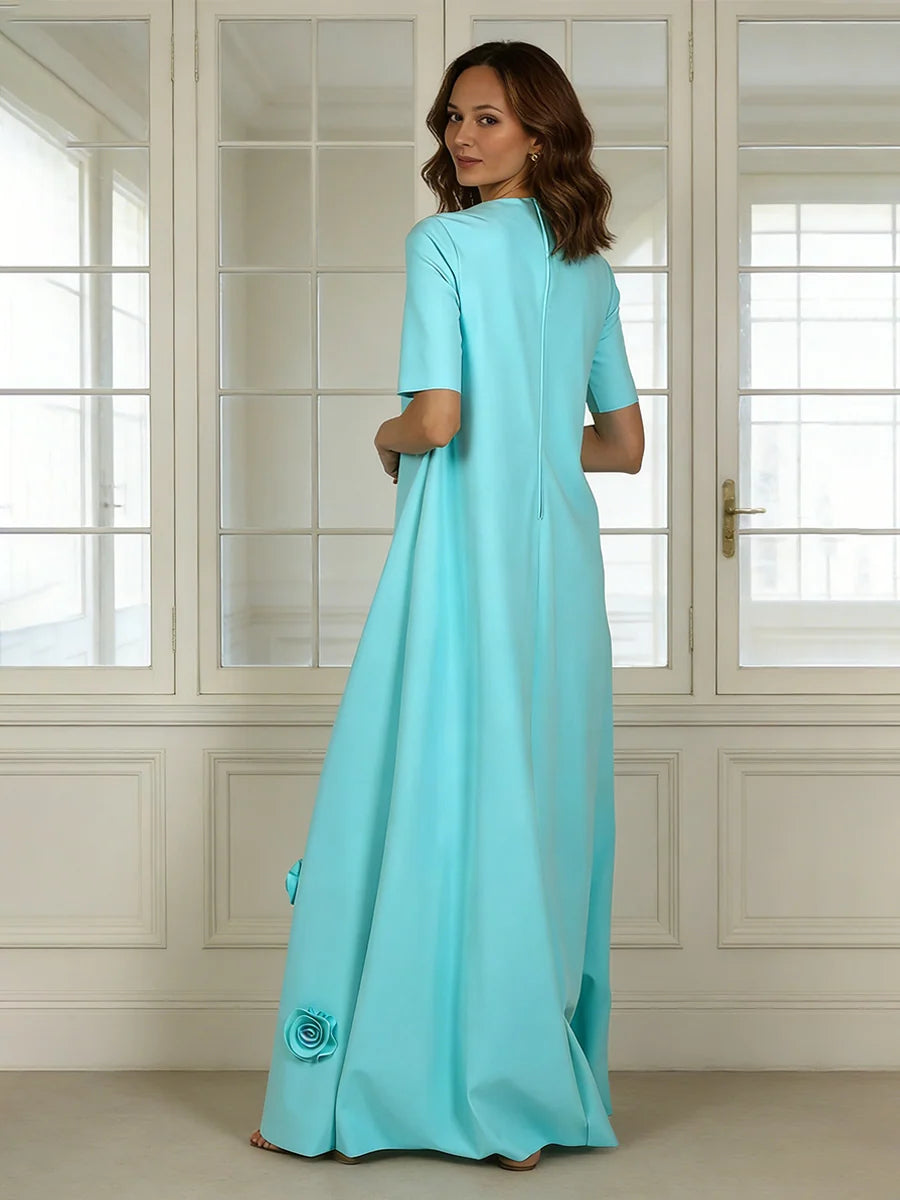 Elegant A Line Round Neck Short Sleeve Crepe Floor Length Evening Dress