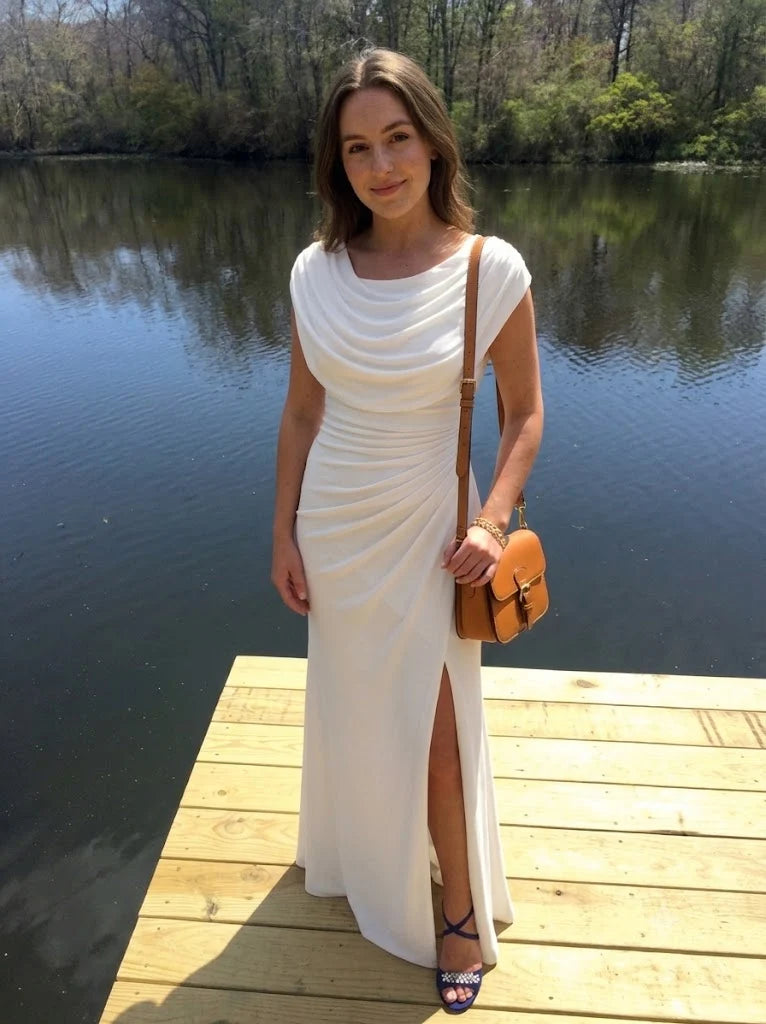 Elegant Sheath Draped Neck Sleeveless Cowl Back Floor-Length Evening Dress