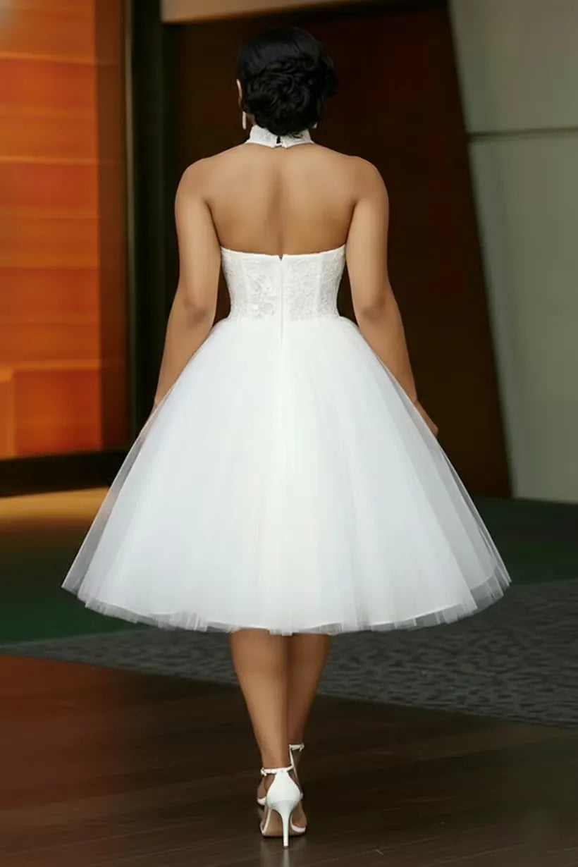 Elegant A-Line Halter Sleeveless Zip-Back Tea-Length Cocktail Dress