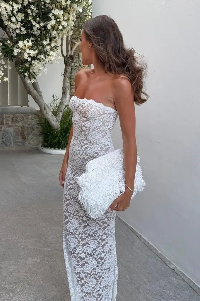 Loverlm Chic Lace Sheath Strapless Sweetheart Scalloped Tea Length Party Dress