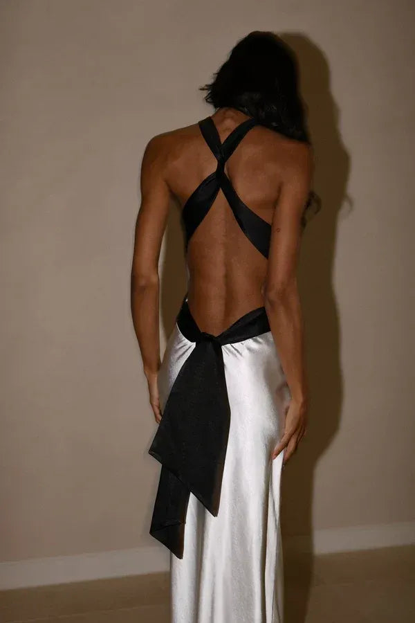 Loverlm Satin Sheath Halter Neck Open Back Bow Detail Evening Dress
